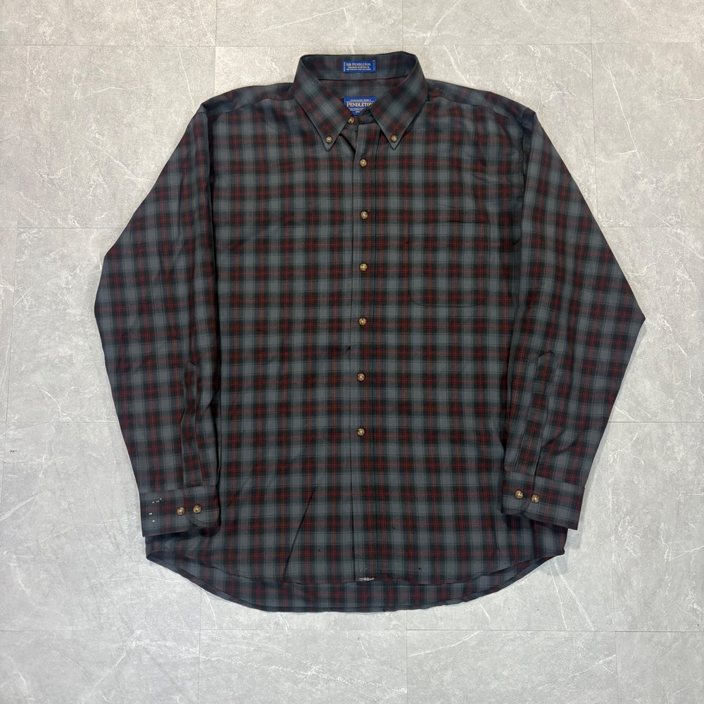 Sir Pendleton Mens XL Worsted Wool Plaid Button Down Shirt Grey Red 4803